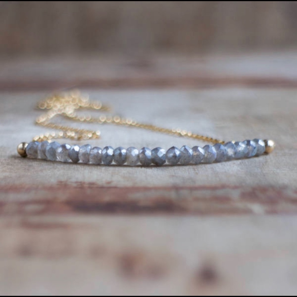 14k Mystic Labradorite Gemstone Gold Bar Necklace - Picture 3 of 4